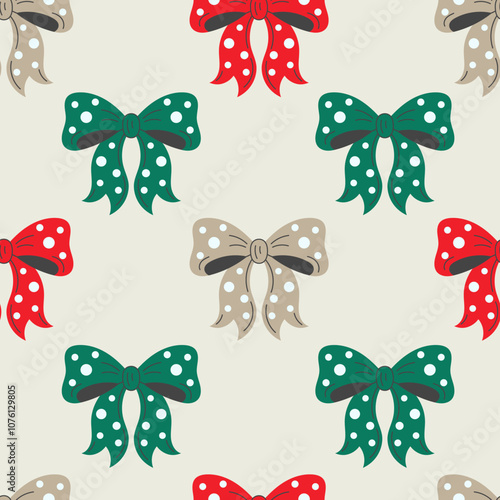 Vintage Christmas Bows Seamless Pattern. Retro Decorative Tied Knots and Ribbons with polka dot. Holiday festive background wrapping paper fabric ornament. Repeat vector illustration