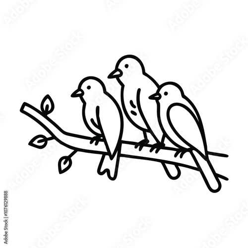 Three birds sitting on branch outline icon, Vector illustration of three birds perched on a branch, depicted in a simple black outline, symbolizing nature, wildlife, and peaceful scenery.
