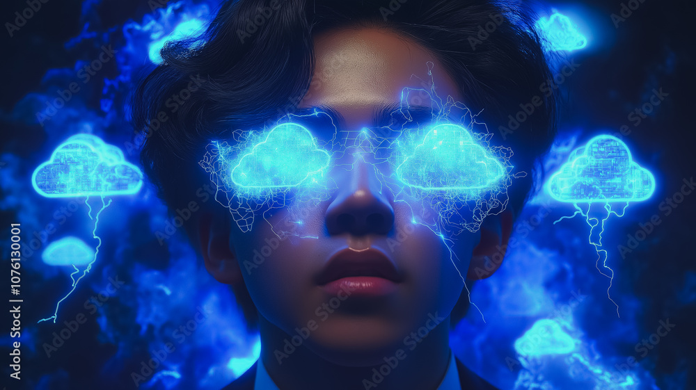 A man with blue eyes is staring at a screen with a blue cloud in front of him. The blue cloud is surrounded by other blue clouds, and the man's eyes are glowing with blue light A man with blue eyes is staring at a screen with a blue cloud in front of him. The blue cloud is surrounded by other blue clouds, and the man's eyes are glowing with blue light