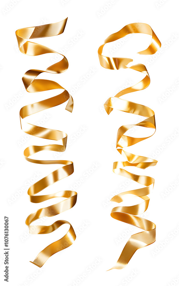 A collection of curly gold ribbon Christmas and birthday present banner set isolated against a white background. A collection of curly gold ribbon Christmas and birthday present banner set isolated against a white background.