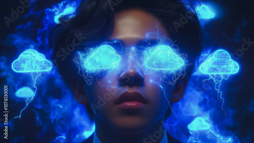 A man with blue eyes is staring at a screen with a blue cloud in front of him. The blue cloud is surrounded by other blue clouds, and the man's eyes are glowing with blue light