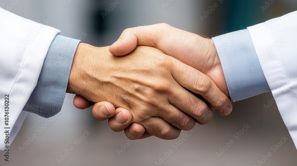 Two hands engage in a handshake, symbolizing agreement, partnership, or collaboration in a professional context, possibly in a healthcare setting. Two hands engage in a handshake, symbolizing agreement, partnership, or collaboration in a professional context, possibly in a healthcare setting.