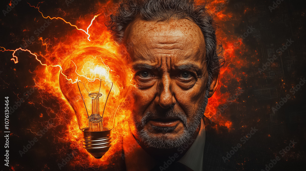 A man with a bulb in his hand. The bulb is lit up and surrounded by fire. The man is looking at the camera with a serious expression A man with a bulb in his hand. The bulb is lit up and surrounded by fire. The man is looking at the camera with a serious expression