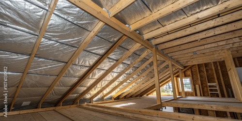 Unfinished Attic Construction: Close-Up of Ceiling Joists, Beams, and Vapor Barrier Film in New Build - Industrial and Modern Home Interior Design Elements