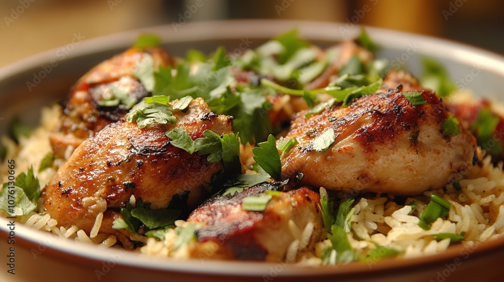 A close-up of a bowl of chicken biryani, an Indian rice dish, garnished with parsley A close-up of a bowl of chicken biryani, an Indian rice dish, garnished with parsley