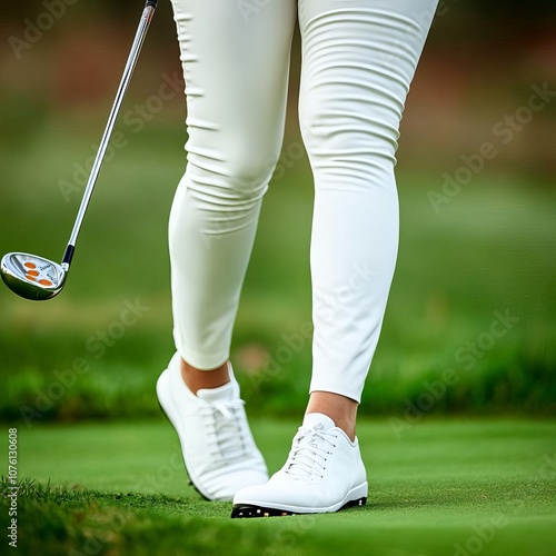 Close-up of female golfer s legs and arms in backswing stance, woman s golf swing, poise and concentration photo