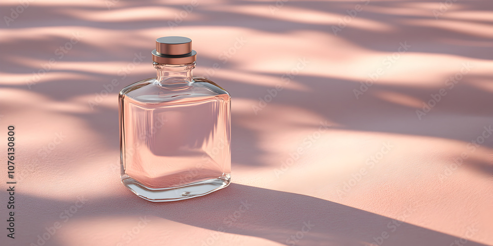 Glass Perfume Bottle On Pink Background with Light Shadows Glass Perfume Bottle On Pink Background with Light Shadows