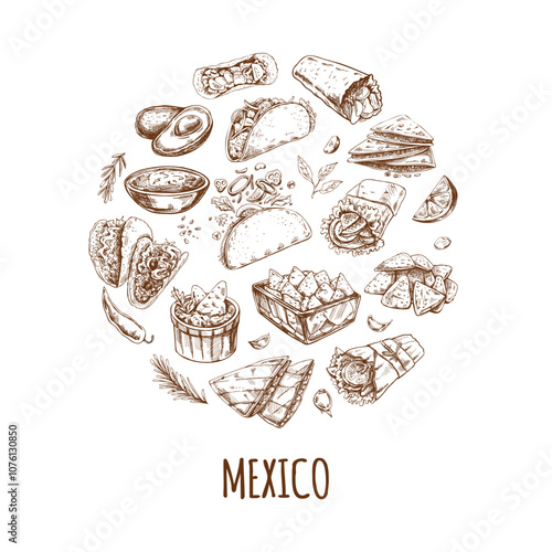 Monochrome elements in circle.  Realistic mexican dishes and products. Vintage sketch drawings of Latin American cuisine