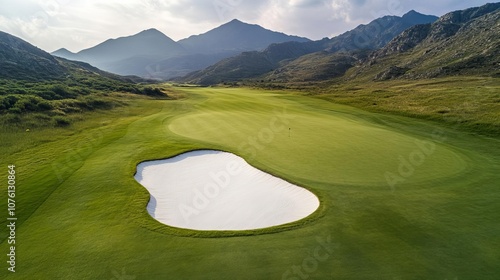 Drone shot of golfer s swing on mountain course, dramatic landscape, golf mountain swing, scale and nature photo