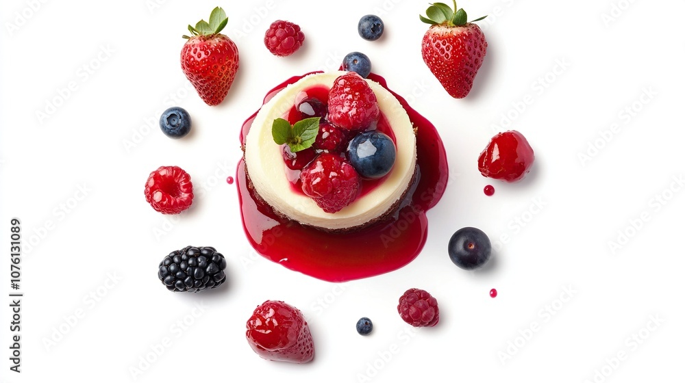 cheesecake with fresh berries and sweet strawberry sauce isolated on white cheesecake with fresh berries and sweet strawberry sauce isolated on white