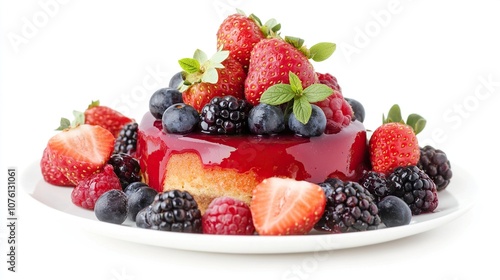 cheesecake with fresh berries and sweet strawberry sauce isolated on white