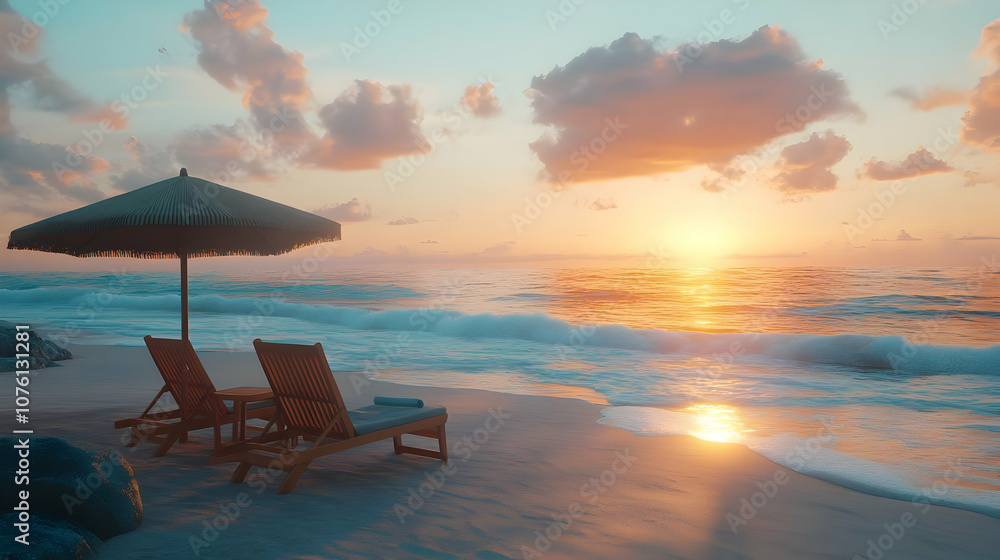 Sunset Beach Scene with Loungers and Umbrella - 3D Illustration Sunset Beach Scene with Loungers and Umbrella - 3D Illustration