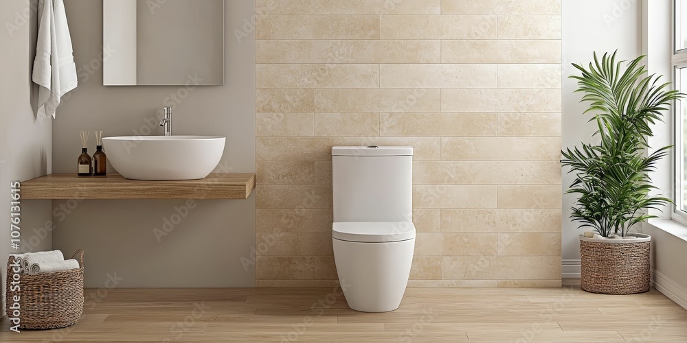 A modern bathroom featuring a minimalist design with a white toilet, a stylish sink, wooden accents, and a touch of greenery. A modern bathroom featuring a minimalist design with a white toilet, a stylish sink, wooden accents, and a touch of greenery.