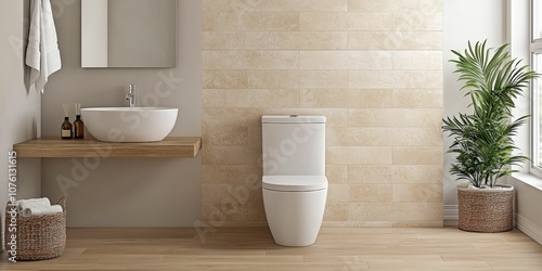 A modern bathroom featuring a minimalist design with a white toilet, a stylish sink, wooden accents, and a touch of greenery.
