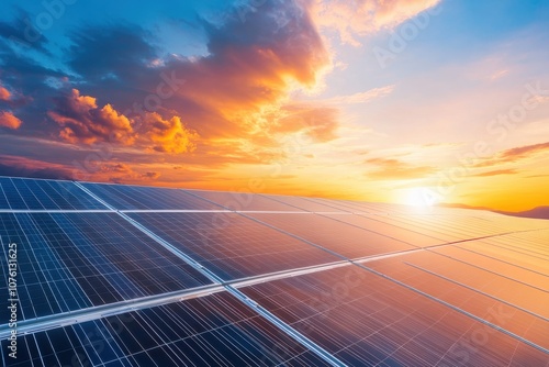 Vast Solar Farm at Sunset: A Stunning Display of Renewable Energy and Nature's Beauty