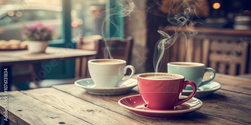 Vintage Style Photograph of Two Cups of Coffee with Steam Rising, Cozy Atmosphere, Warm Tones, Rustic Table Setting, Perfect for Coffee Lovers and Nostalgic Vibes