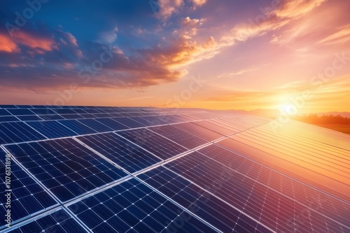 Vast Solar Farm at Sunset: A Stunning Display of Renewable Energy and Nature's Beauty