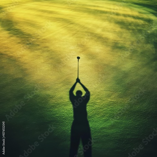 Golfer s shadow stretched across fairway during swing, swing shadow, light and shape photo