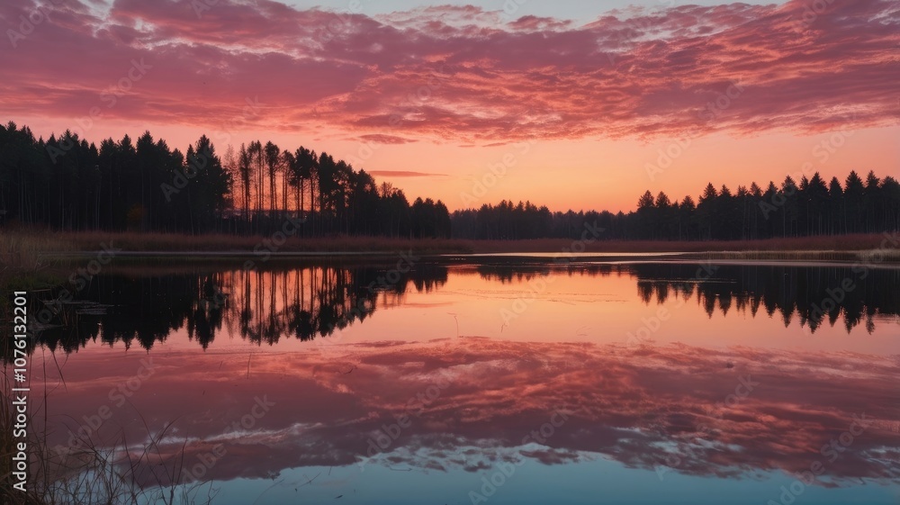 Fototapeta premium Pink and blue Sky And Mirror Like Lake On Sunset Background