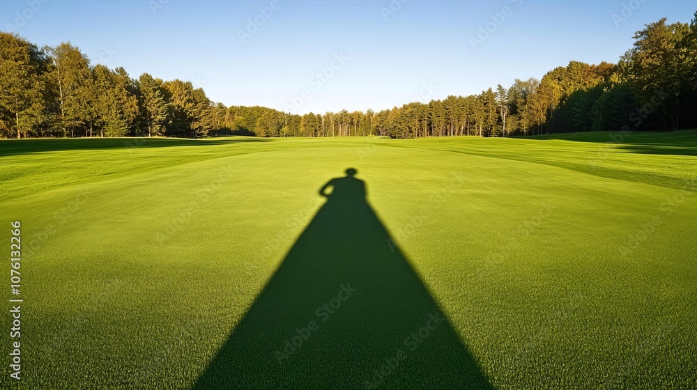 Naklejka premium Golfer's shadow extending across the fairway during swing, golf shadow fairway, motion and light