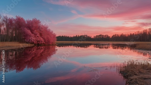 Pink and blue Sky And Mirror Like Lake On Sunset Background