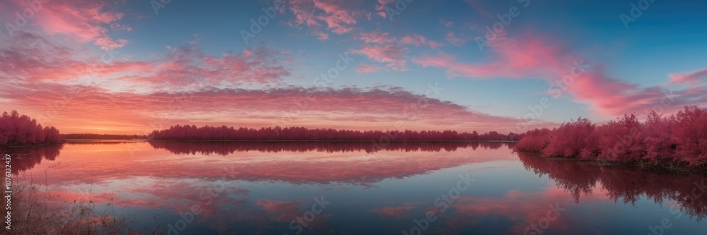 Fototapeta premium Pink and blue Sky And Mirror Like Lake On Sunset Background