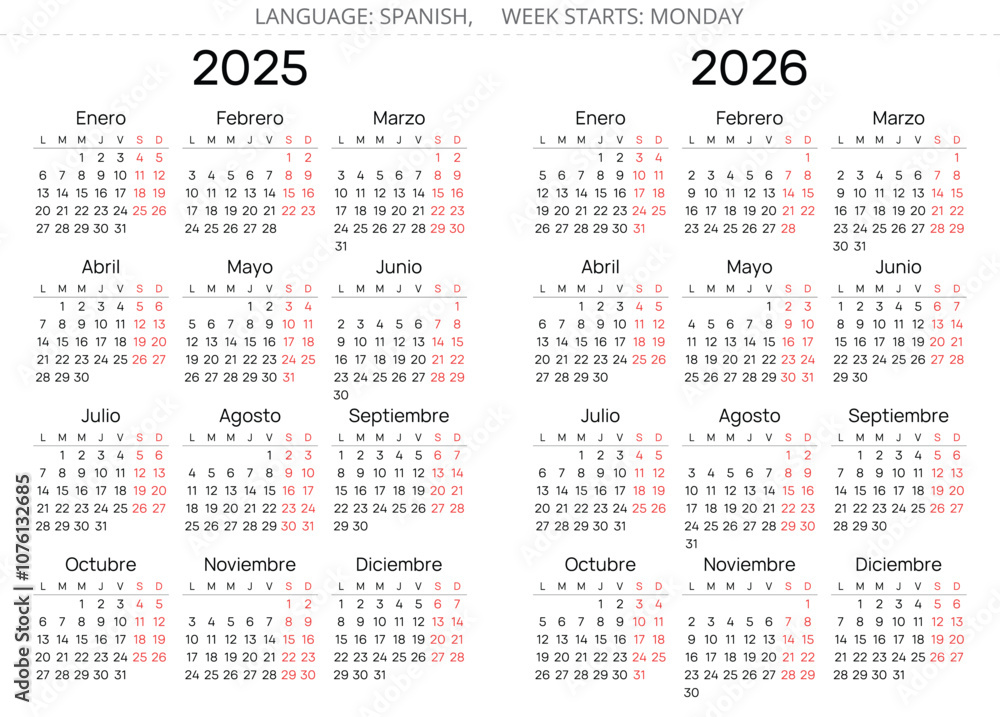 2025 and 2026 vertical spanish year calendars. Simple vector illustration for Spain - Espanol Calendario 2025 and 2026 vertical spanish year calendars. Simple vector illustration for Spain - Espanol Calendario