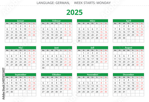 GERMAN calendar on 2025 year. Vector illustration for Germany (kalender)