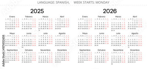 2025 and 2026 horizontal spanish year calendars. Simple vector illustration set Spain - Espanol Calendario