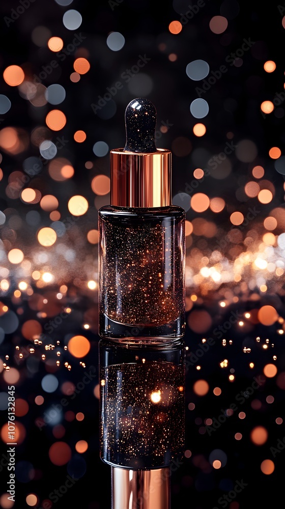 Glittering Perfume Bottle with Bokeh Lights in Darkness Glittering Perfume Bottle with Bokeh Lights in Darkness