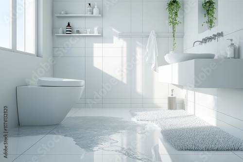 A modern white bathroom with a toilet, sink, and a small rug. There is a puddle of water on the floor.