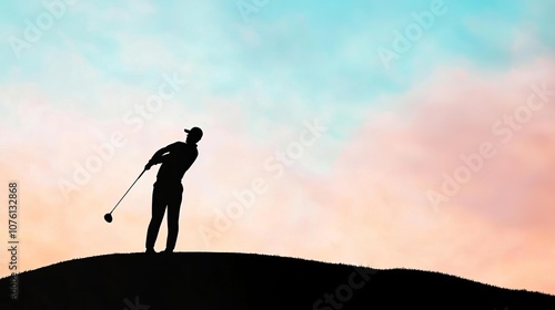 Silhouette of golfer mid-swing on hilltop course, hilltop swing, scale and beauty