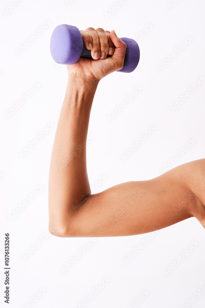 Person, hands and weightlifting with dumbbell in studio for workout, exercise or muscle gain on a white background. Closeup, active or athlete with arm for fitness, strength training or bicep curl Person, hands and weightlifting with dumbbell in studio for workout, exercise or muscle gain on a white background. Closeup, active or athlete with arm for fitness, strength training or bicep curl