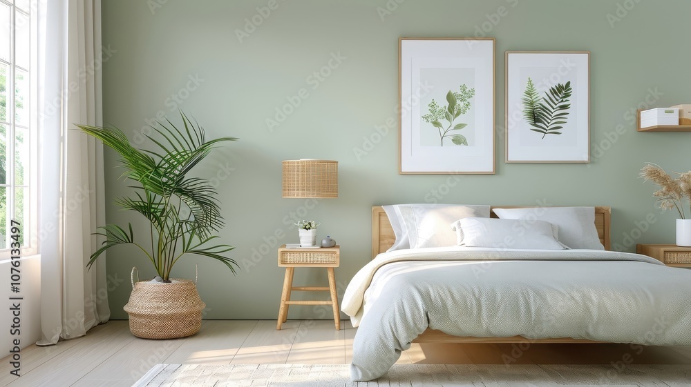 A serene green bedroom with natural wood accents and botanical prints. A serene green bedroom with natural wood accents and botanical prints.