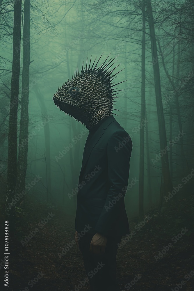 Naklejka premium A striking minimalistic portrait of a man in a dark forest wearing a unique spiked lizard mask, conveying an aura of mystery and surrealism