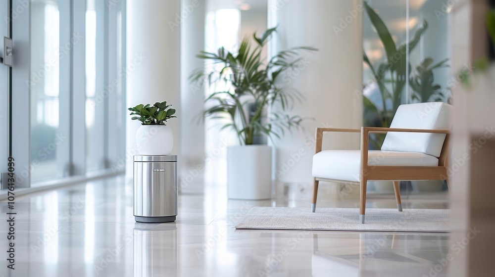 A sleek stainless steel rubbish bin in a modern office lobby. A sleek stainless steel rubbish bin in a modern office lobby.