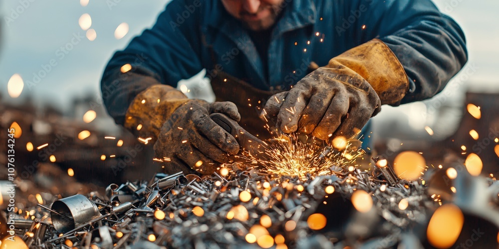 A worker skillfully shreds metal scraps, creating sparks in a rugged environment, showcasing craftsmanship and dedication. A worker skillfully shreds metal scraps, creating sparks in a rugged environment, showcasing craftsmanship and dedication.