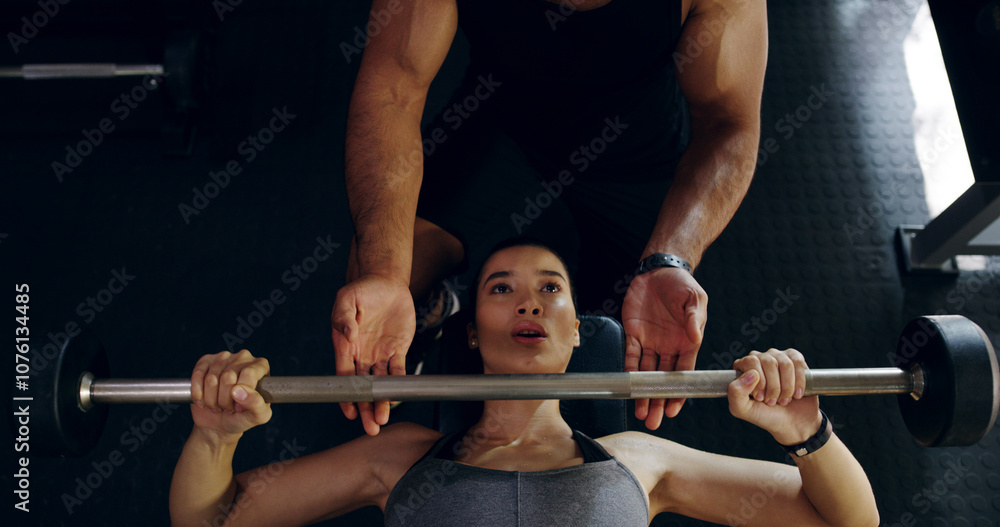 Barbell, exercise or weightlifting with personal trainer and woman in gym for strength training from above. Fitness, power or workout with coach and confident person in health club for challenge Barbell, exercise or weightlifting with personal trainer and woman in gym for strength training from above. Fitness, power or workout with coach and confident person in health club for challenge