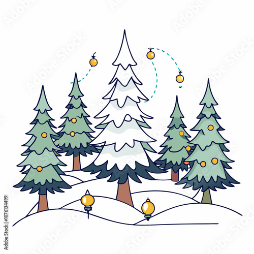 Snowy Pines & Lights Line Art on White Background