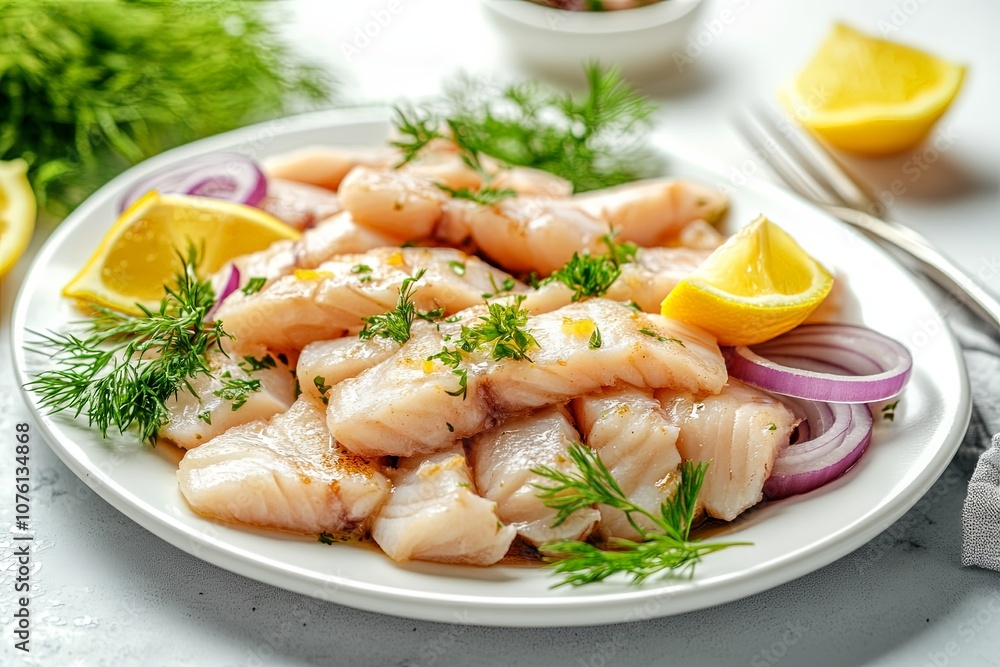 Freshly prepared fish fillets garnished with herbs and lemon slices, ready for a delightful meal or cooking session at home Freshly prepared fish fillets garnished with herbs and lemon slices, ready for a delightful meal or cooking session at home