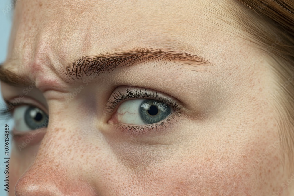 Obraz premium A close-up of a person's face showing a concerned expression with striking blue eyes.