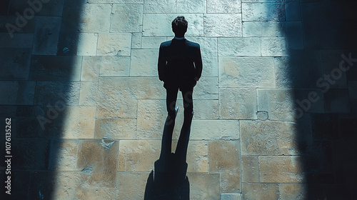 Business man standing on a stone floor with long shadow - motivation and empowerment concept