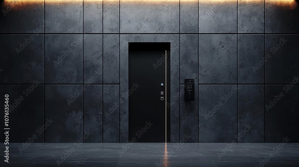 Obraz premium Modern black door on a sleek concrete wall with ambient lighting.