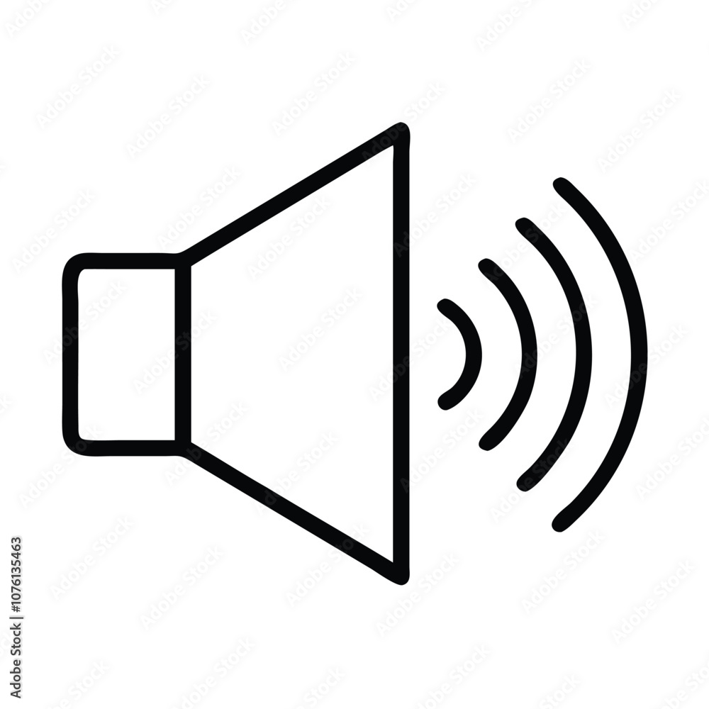 Sound speaker icon in black outline, Vector illustration of a speaker icon with sound waves, shown in a black outline, symbolizing audio, volume, and sound output.
Sound speaker icon in black outline, Vector illustration of a speaker icon with sound waves, shown in a black outline, symbolizing audio, volume, and sound output.