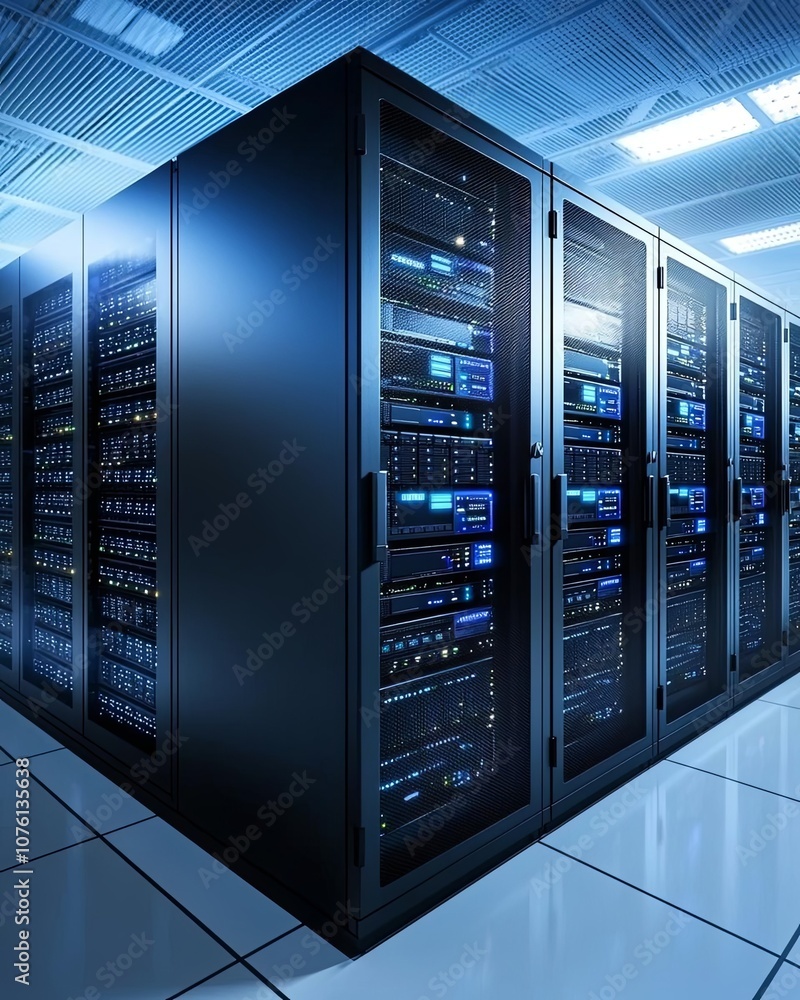 Data center with multiple server racks, illuminated by cool blue lighting. Data center with multiple server racks, illuminated by cool blue lighting.