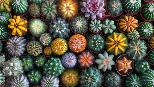 Vibrant collection of various cacti in colorful pots, showcasing diversity