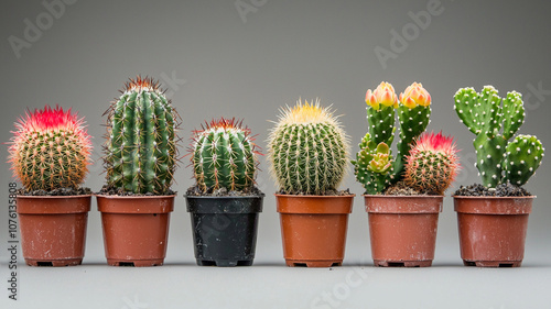 Vibrant collection of various cacti in pots, showcasing unique shapes and colors