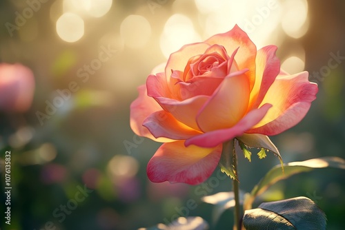 A single pink and yellow rose blooms in the warm afternoon sun, surrounded by a blurred background of other roses.