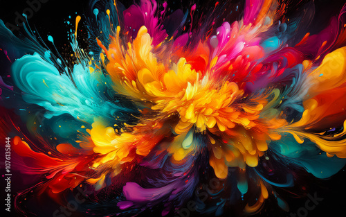 colorful paint splashes on black background, AI generated