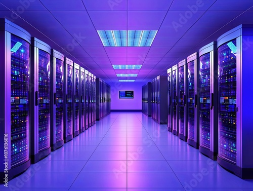 Futuristic data center with glowing servers and bright lights.